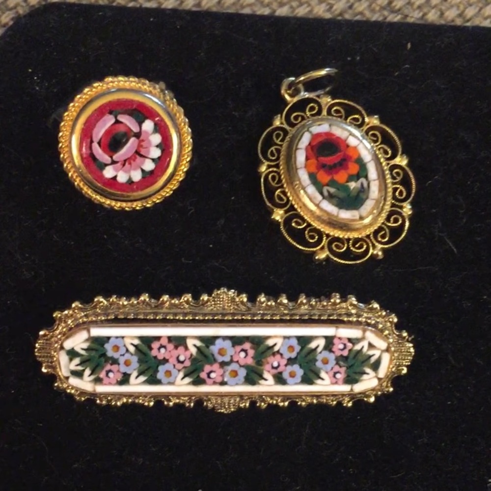 Vintage mosaic adjustable ring, brooch and pendant